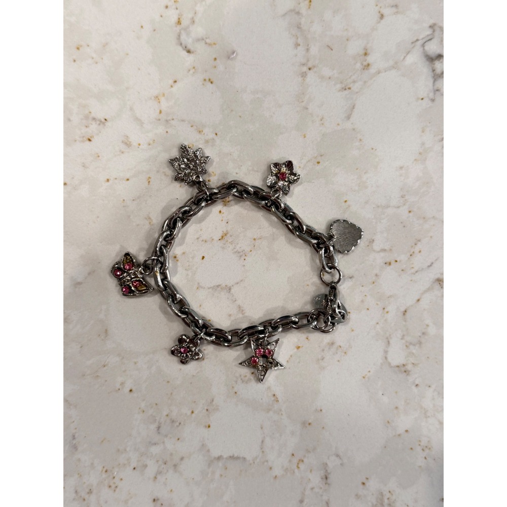 Vintage Y2K Beth Salles Silver Charm Bracelet Pink Rhinestone Butterfly Star